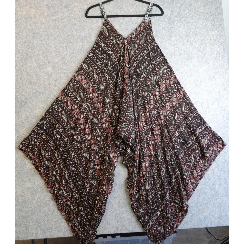 Vintage 90s Angie Harem Jumpsuit Womens S Black Geometric Beachy Boho Romper